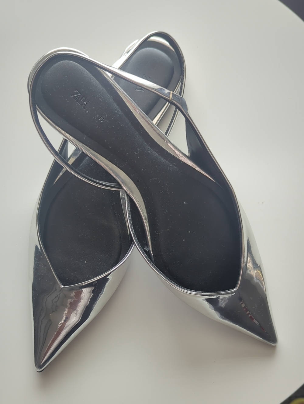 Zara Metallic Silver Pointed Slingback Flats